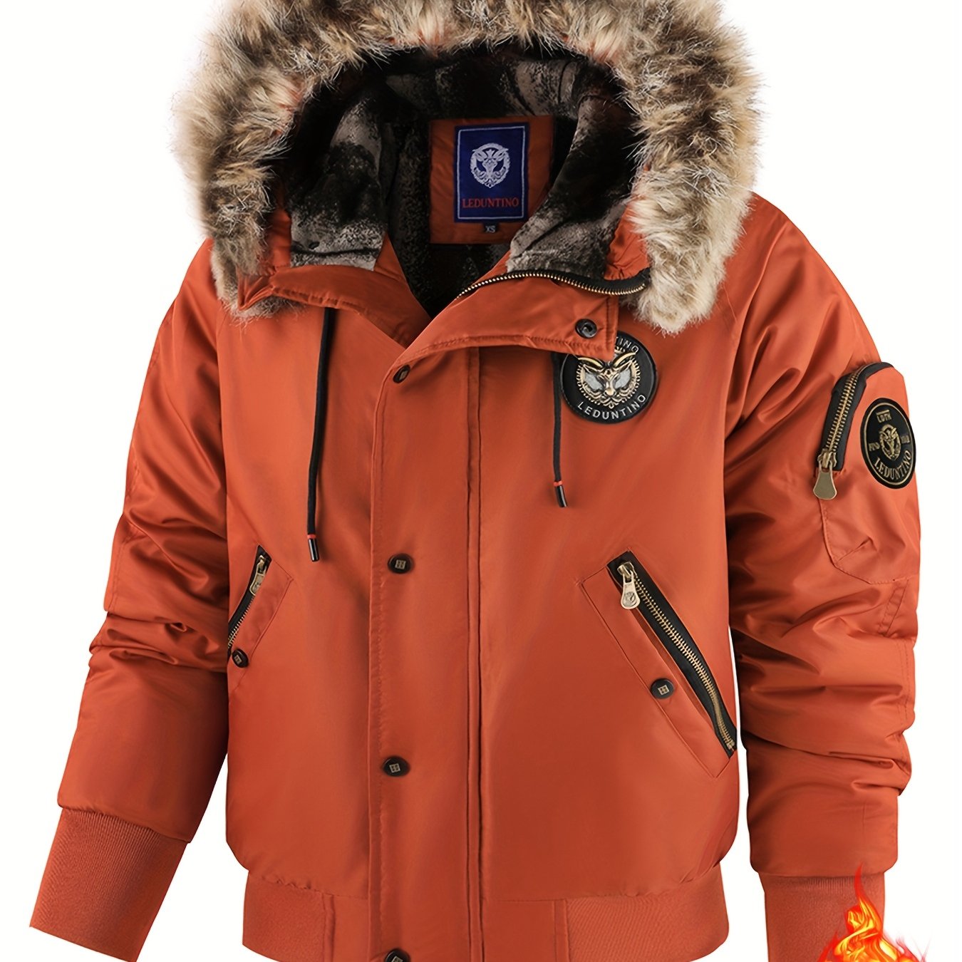 Men'S Winter Jacket with Full-Zip Closure, Hooded Insulated Coat - Bright Orange Cold Weather Outerwear, Zippered Pockets & Hood - Non-Stretch Fabric for Hiking, Commuting, Everyday - Fall/Winter Jacket for Adults, Outdoor Ac