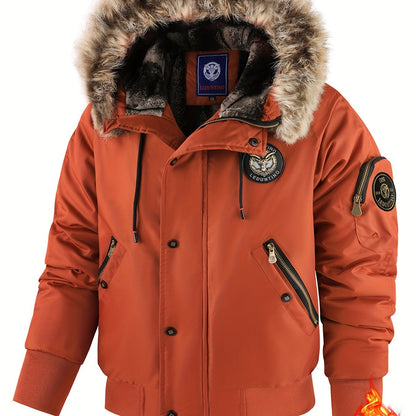 Men'S Winter Jacket with Full-Zip Closure, Hooded Insulated Coat - Bright Orange Cold Weather Outerwear, Zippered Pockets & Hood - Non-Stretch Fabric for Hiking, Commuting, Everyday - Fall/Winter Jacket for Adults, Outdoor Ac