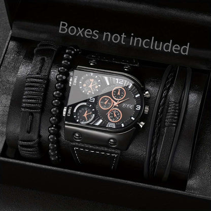 Men's Fashion Digital Dial Large Face Business Trend Quartz Watch + Bracelet Set, 4pcs Set (Watch Box Not Included)