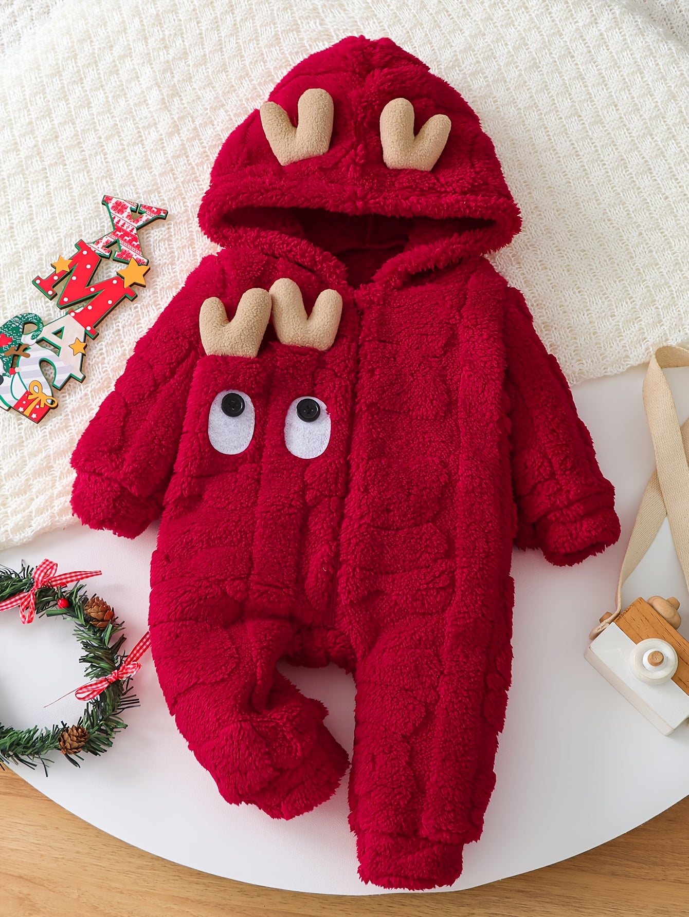 Boys & Winter Plush Hooded Romper Jumpsuit - Soft Zippered Full-Body Snow Suit with Antler, Machine Washable Warm Outfit for &, Cozy Red Baby Clothing, Perfect for Outdoor
