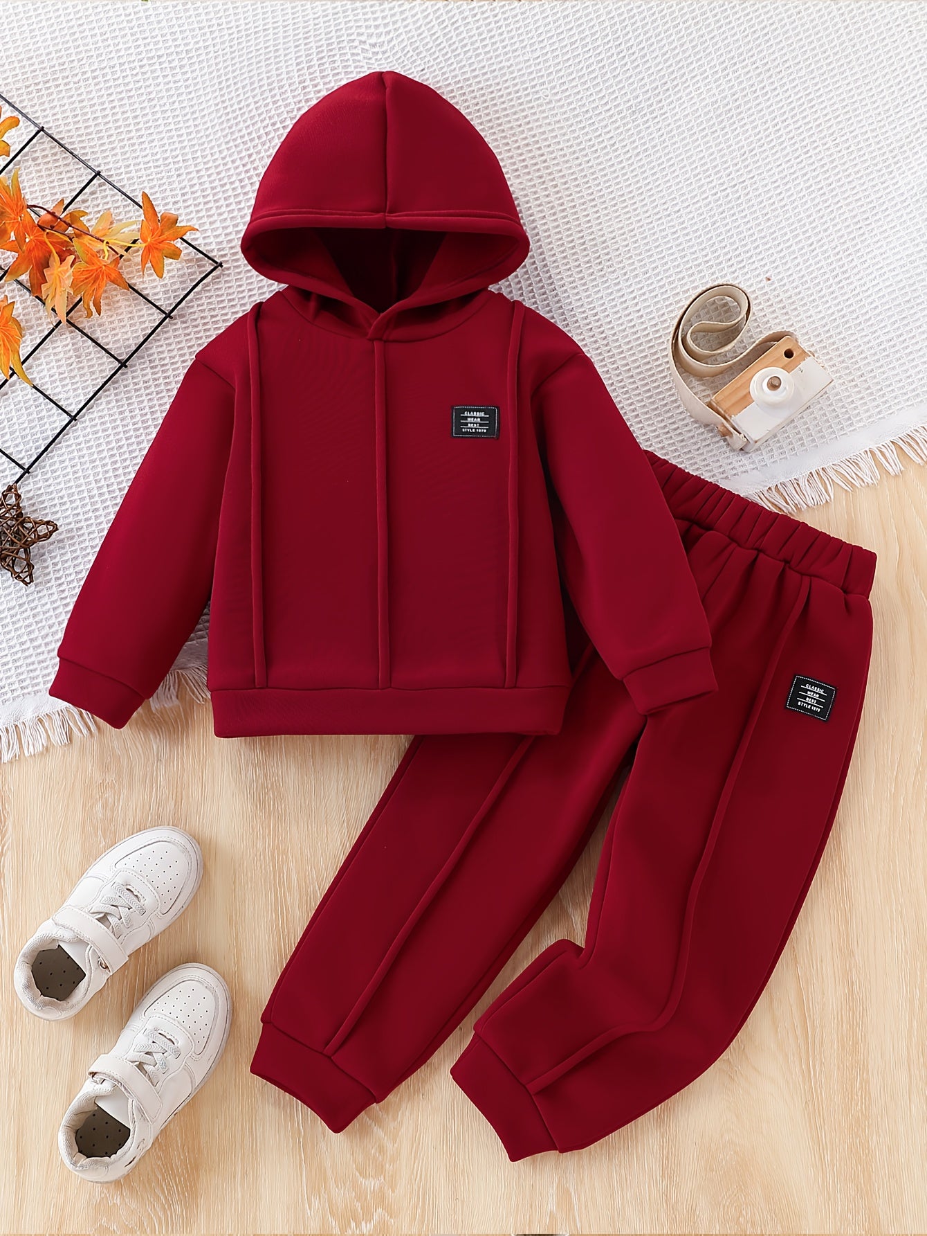 2pcs Girls' Fleece Hooded Sweatsuit Set - Oversized Hoodie & Jogger Pants with Elastic Waist, Thick Warm Winter Outfit, Machine Washable Red Sweatsuit for Casual Casual Attire & Clothing (Matching Outfit) - Cozy Fleece Fabric