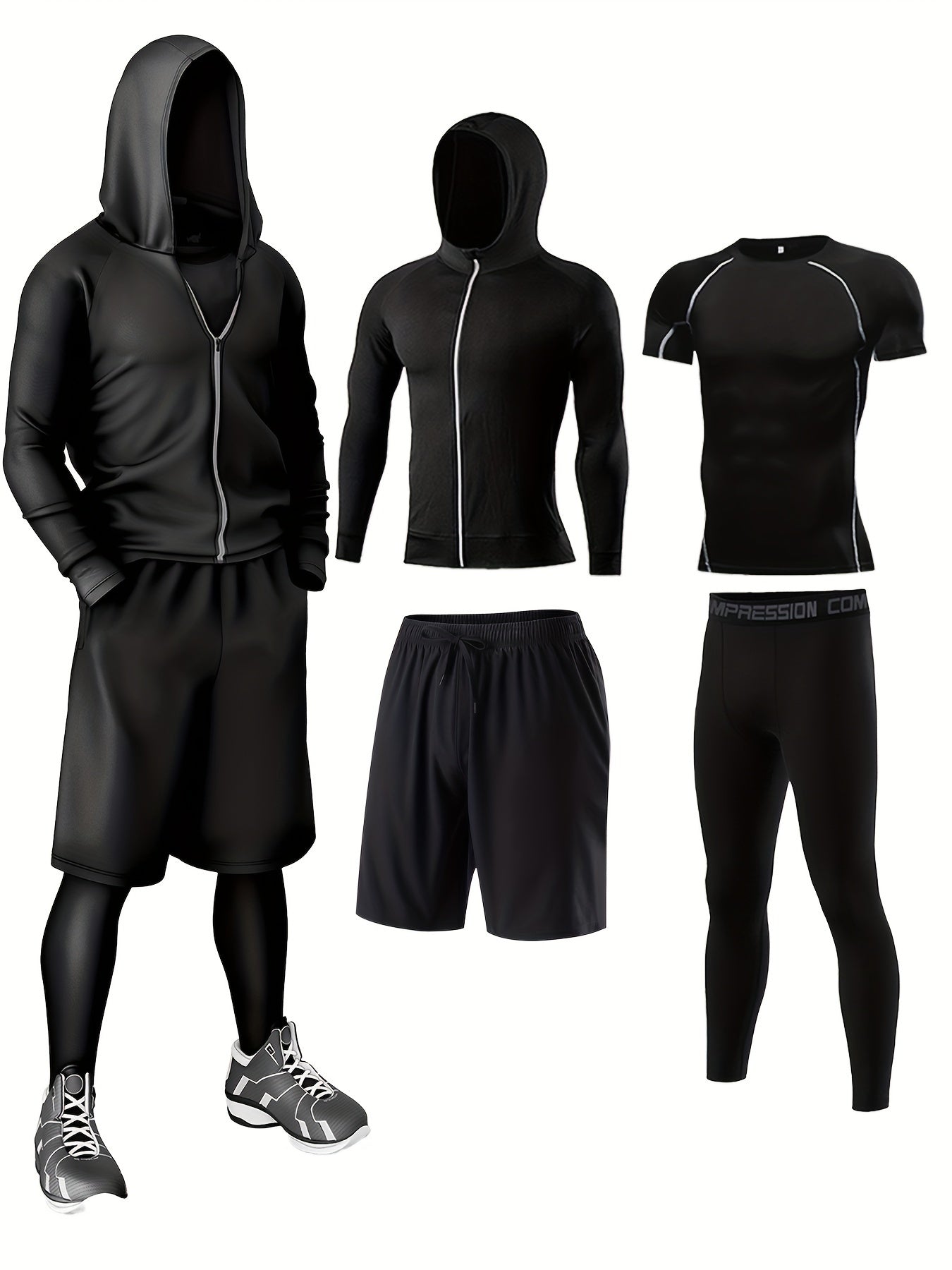 4pcs Athletic Sportswear Set, Polyester 95% Elastane 5% Knit Fabric, All-Season Crew Neck Hoodie, Skinny Fit Solid Color, Breathable Quick-Dry for Running, Fitness, Cycling & Outdoor Activities