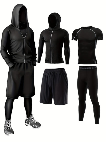 4pcs Athletic Sportswear Set, Polyester 95% Elastane 5% Knit Fabric, All-Season Crew Neck Hoodie, Skinny Fit Solid Color, Breathable Quick-Dry for Running, Fitness, Cycling & Outdoor Activities