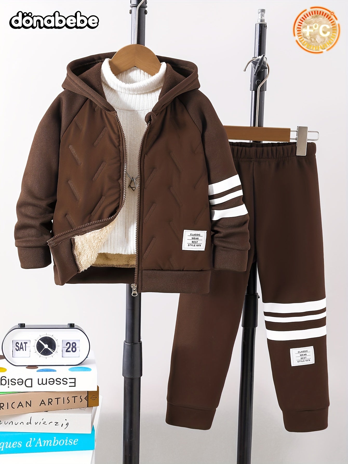 ' Autumn/Winter New Thickened Fleece-Lined Hooded Jacket with Striped Print on One Side, Warm and Stylish Zip-Up Sweatshirt Top + Solid Color Drawstring Straight Leg Pants, Fashionable Classic Versatile Casual Long Pants 2pcs
