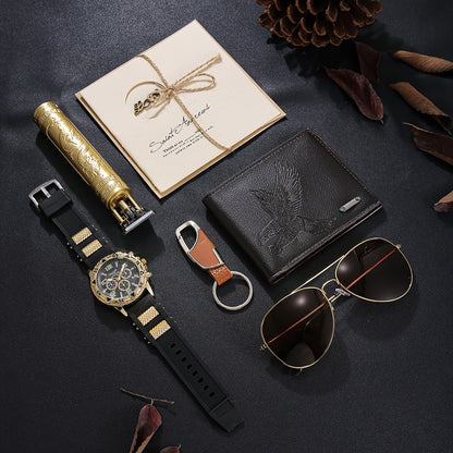 Stylish Men's luxury 7pcs business temperament watch gift box set, including hair clipper wallet Fashion Glasses etc., perfect party gift for holiday giving