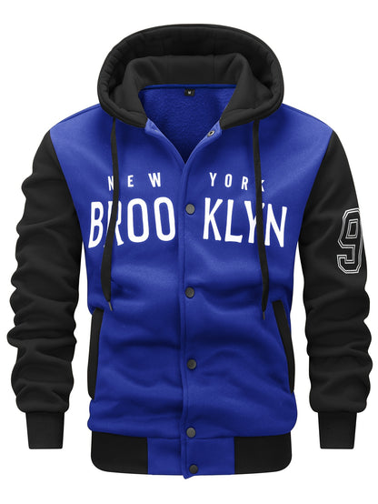 Men's 'BROOKLYN' Pattern Color Blocking Hooded Jacket, Casual Preppy Style Coat For Spring And Autumn Outdoors As Gift