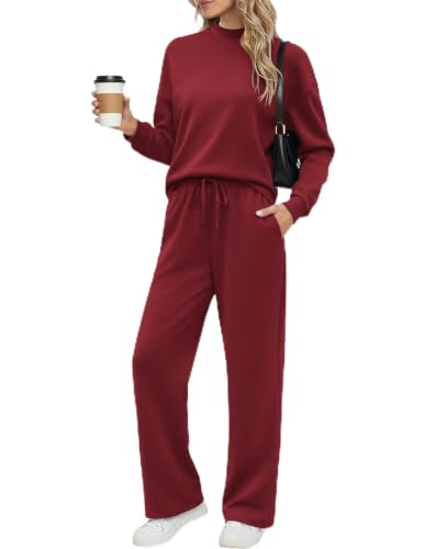 Ekouaer Women's Mock Neck Lounge Set with Wide Leg Pants
