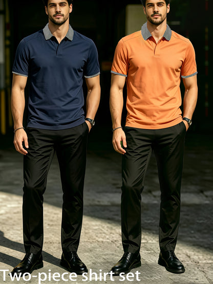 Men's Summer Plaid Collar Polo & Black Pants Casual Set