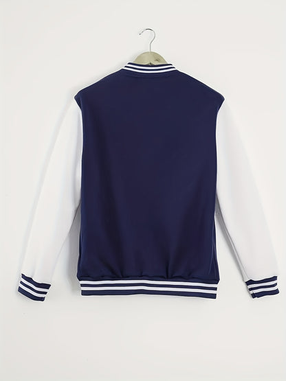 Men'S Casual Baseball Jacket - Stylish Black with White Stripes, Button-Up, Long Sleeve, Perfect for Spring & Fall, Casual Attire, Casual Wear|Baseball Jacket| Constructio