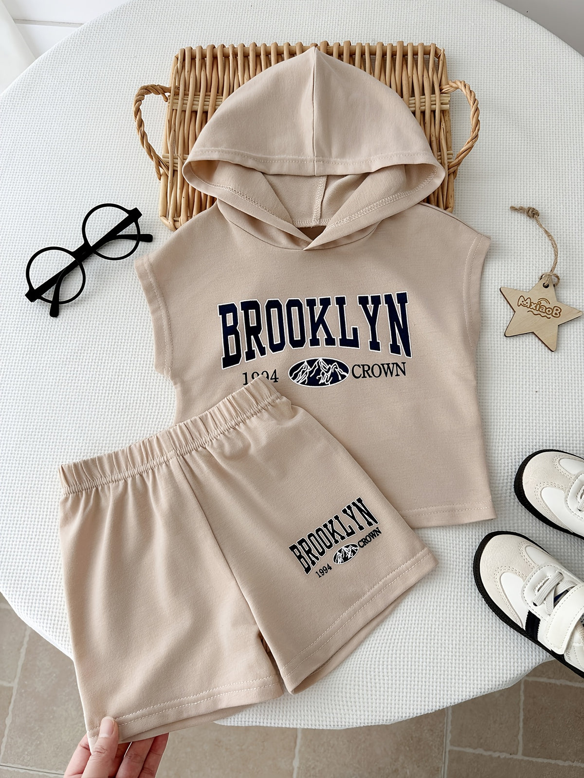 Baby Boys Sleeveless Knitted Hooded Top with Casual Shorts