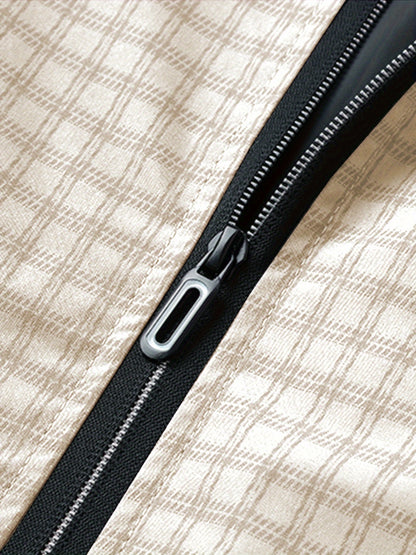 Men's Casual Outdoor Jacket - Spring/Fall Softshell Jacket with Checkered Pattern, Long Sleeves, and Zipper Closure