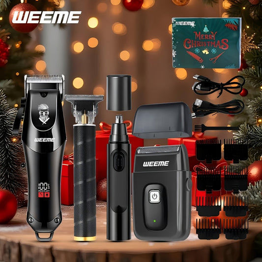 WEEME 4pcs Professional Hair Clipper Set for Men, Cordless Barber Clippers and Trimmer Kit, Electric Beard Trimmer and Nose Trimmer, Foil Shaver Grooming Tools, Luxury Christmas Gift Set for Him (Black) - ayq