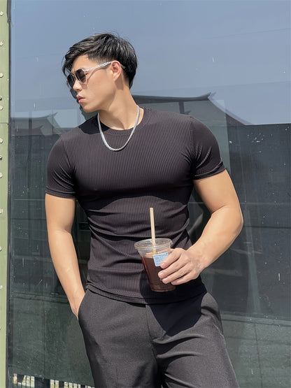 Men's Athletic Striped Solid Color Fitness Short Sleeve T-Shirt, Quick-Dry Stretchy Polyester Sports Tee for Training, Running, Summer, Slim Fit, Round Neck, Knitted Fabric