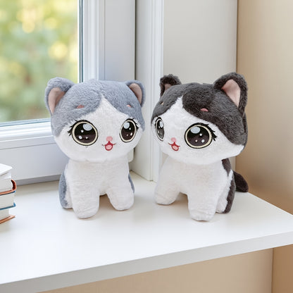 Adorable Kawaii Cat Plush Toy - Soft, Fluffy Stuffed Animal in Gray/Black - Perfect for Home & Sofa Decor, Ideal Birthday or Holiday Gift