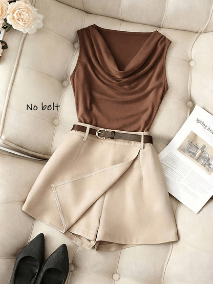 Women's Elegant Sleeveless Brown Vest & Apricot Shorts Set