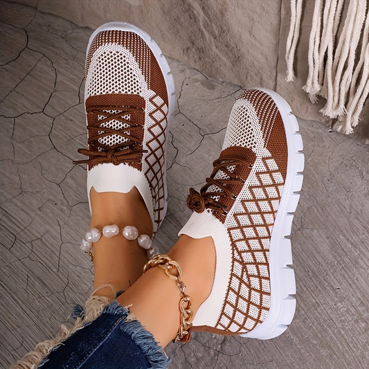 Women's Breathable Knit Sneakers - Lightweight, Lace-Up Casual Shoes with EVA Sole, Available in Brown, Purple, Orange, and Yellow Gradient - Stylish All-Season Footwear, Ladies Sneakers