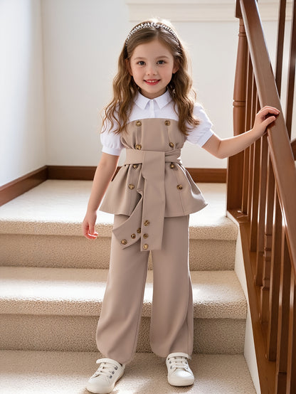 Girls' Slim Contrast Pants Set with Puff Sleeve Top for Spring
