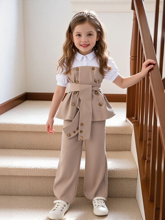 Girls' Slim Contrast Pants Set with Puff Sleeve Top for Spring