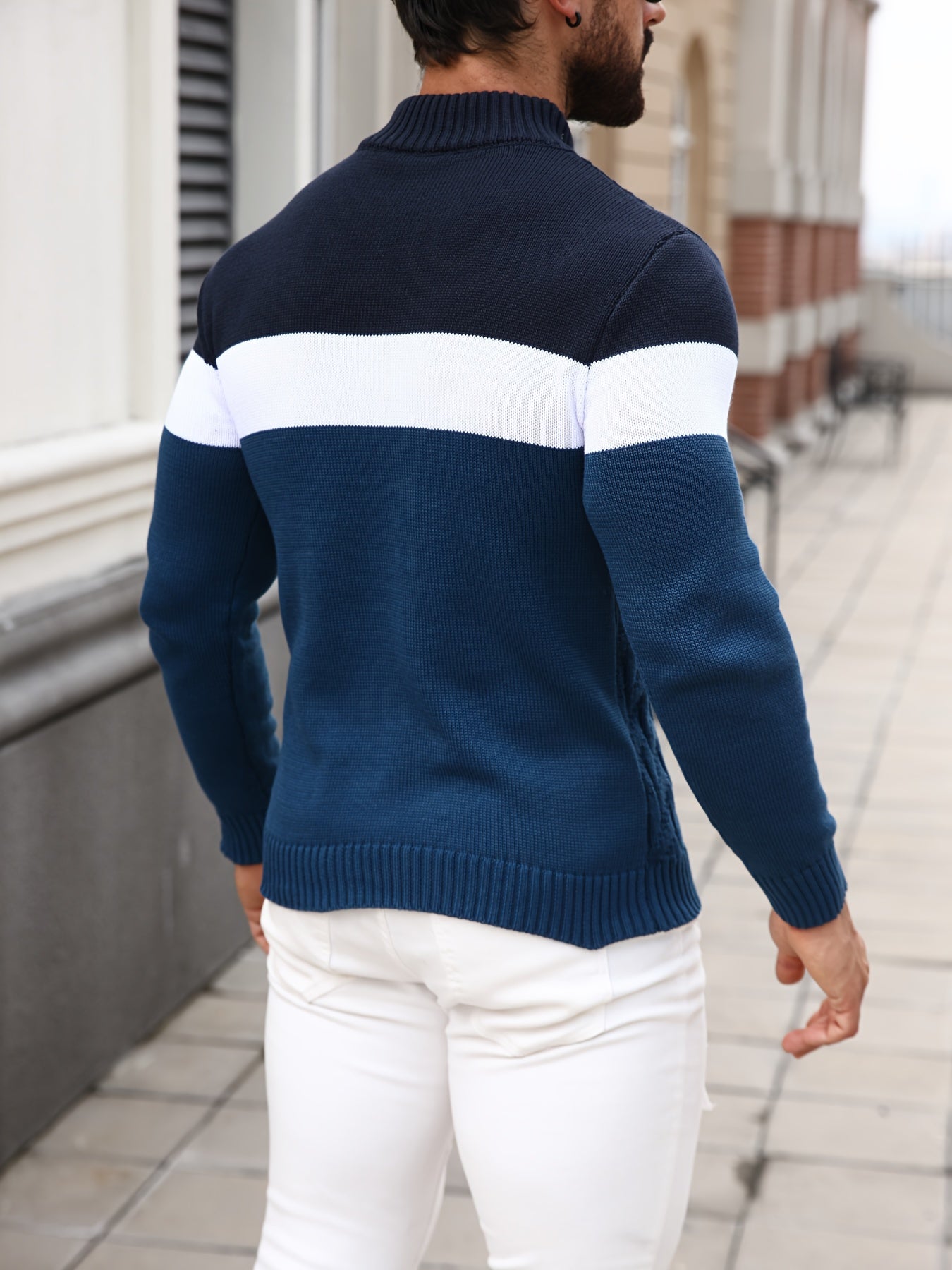 Men'S Stand Collar Pullover | Casual Fashion Quarter Button Stitching Knitwear with Geometric Pattern, Long Sleeve, Regular Fit for Fall/Winter - ayq