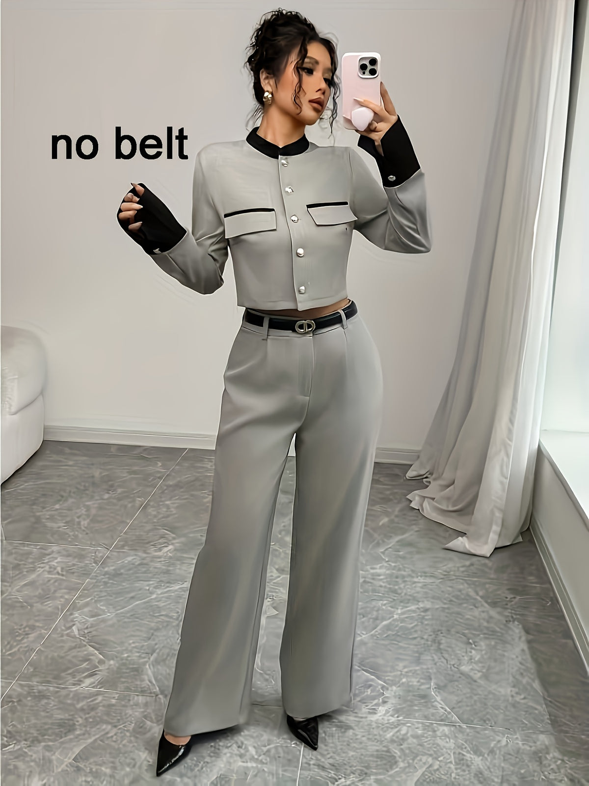 Elegant 2-Piece Suit Set with Stand Collar for Fall/Winter