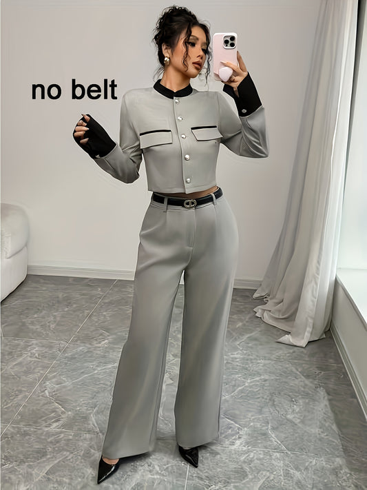 Elegant 2-Piece Suit Set with Stand Collar for Fall/Winter - ayq