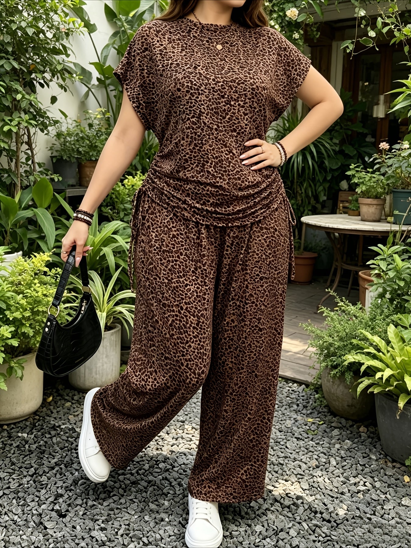 Leopard Print Casual Long Pants Set with Side Drawstring