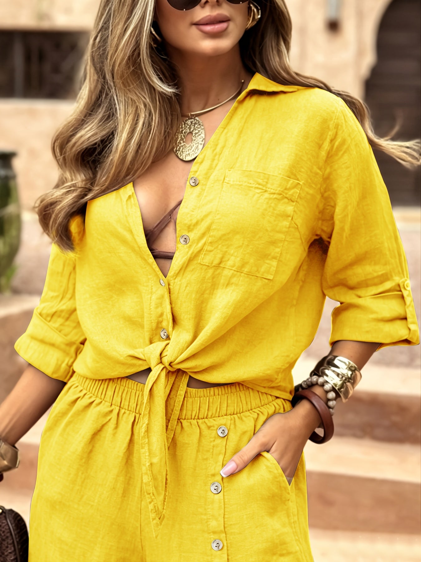 Women’s Casual Front-Tie Shirt & Long Pants Set for Spring