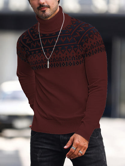 Men's Geometric Graphic Print Knitted Pullover, Casual Long Sleeve Turtle Neck Sweater For Fall Winter, Outdoor Cloth