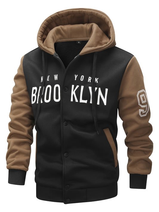 Men's 'BROOKLYN' Pattern Color Blocking Hooded Jacket, Casual Preppy Style Coat For Spring And Autumn Outdoors As Gift