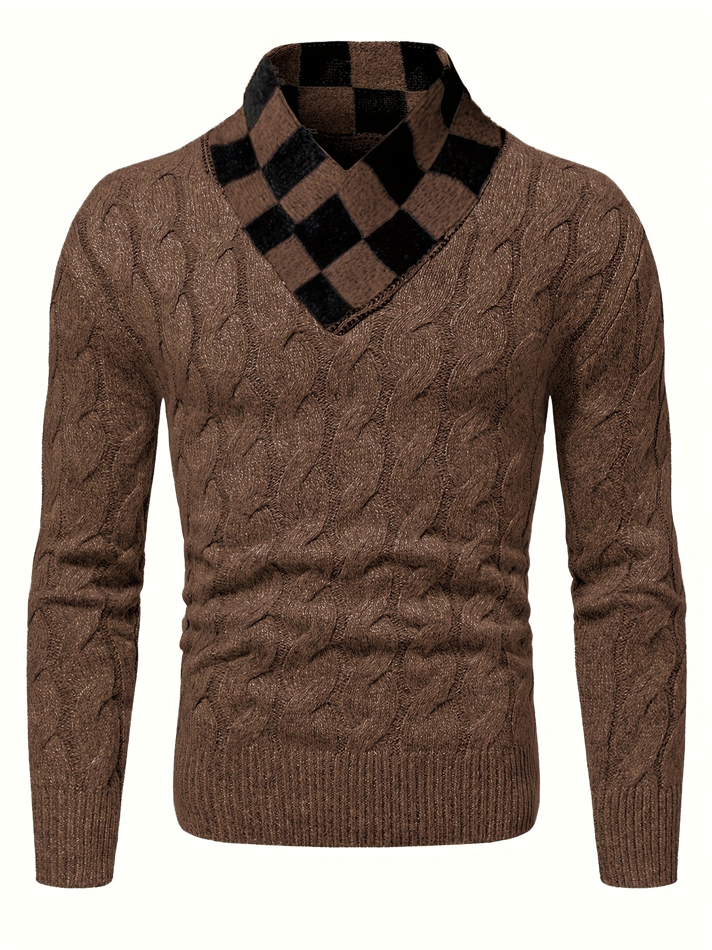 Maqiqiobm Slim Fit Men's Pullover Sweater - 1pc Autumn/Winter Thickened New Style, Comfortable Warm Solid Color Twist Knit Long Sleeve, Checkerboard Collar Design, Business Casual Daily Layering Knit Top, Suitable for Autumn