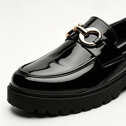 Men's British Style Slip-On Loafers with Metal Buckle, Rubber Sole
