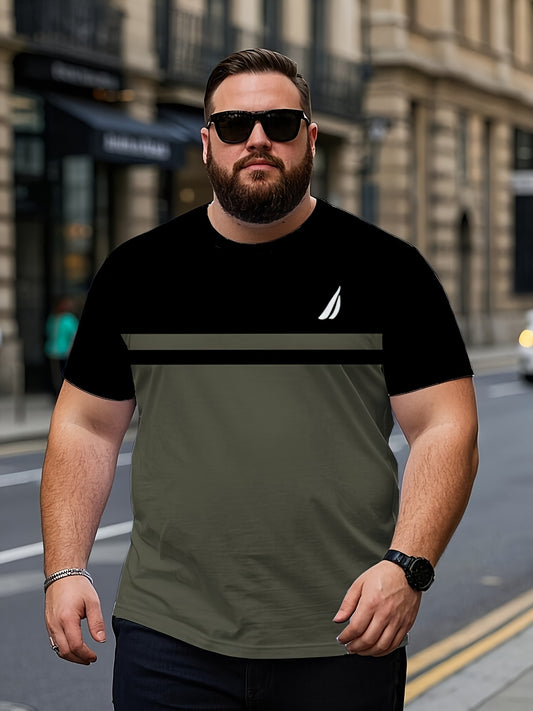 Men's Plus Size Casual 3D Printed Striped T-Shirt - Lightweight Polyester Blend, Breathable Short Sleeve Round Neck Tee for Outdoor Adventures  Casual Attire, Machine Washable, Big  Tall Sizes, Adventure Clothing   Versatil