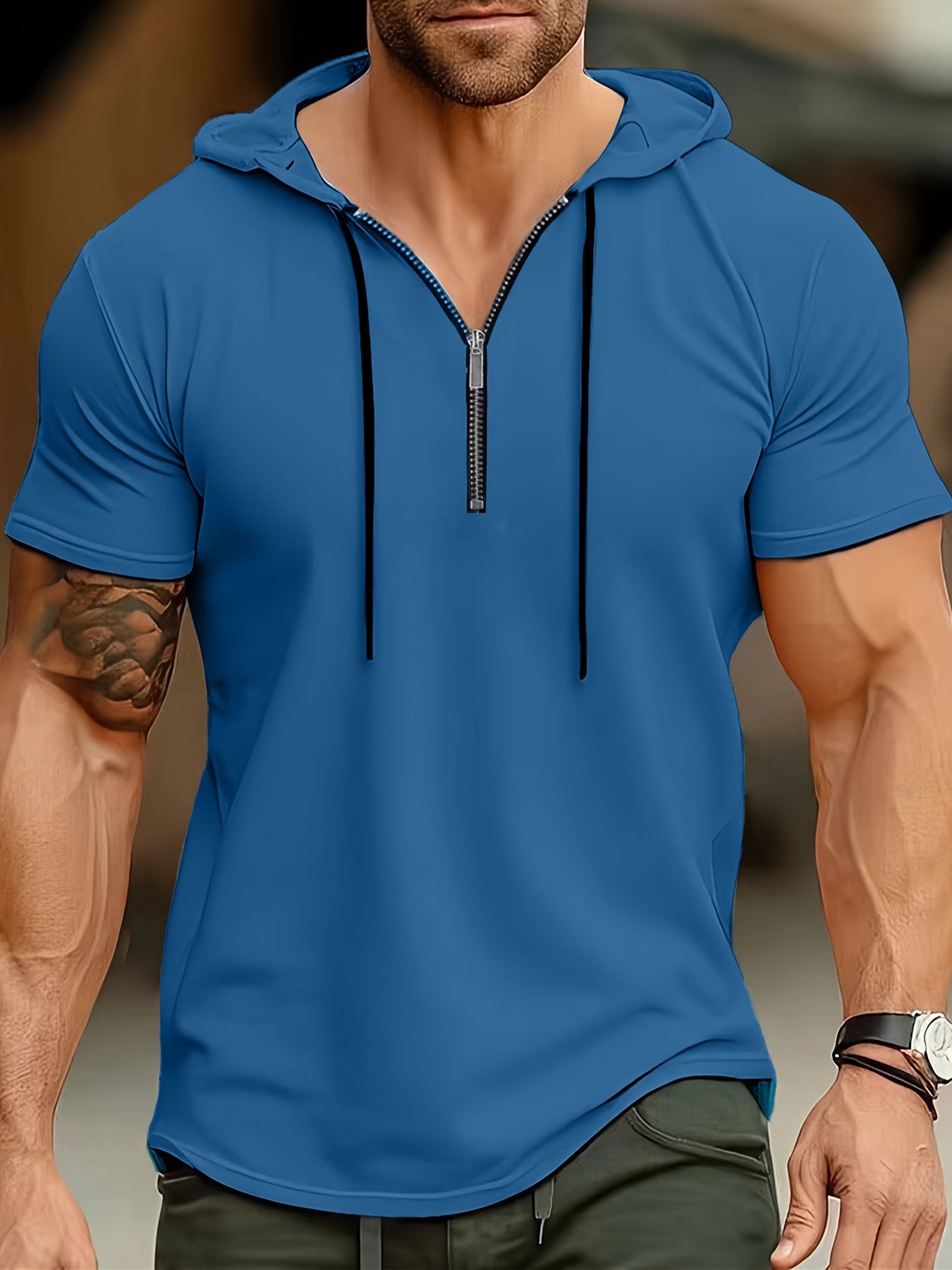1pc Men's Light Blue Casual Hooded Short Sleeve T-Shirt with 1/4 Zipper, Breathable Stretch Fabric for Gym, Outdoor  Summer Wear, Gym Apparel, Stylish Contrast Detailing, Comfortable Fit
