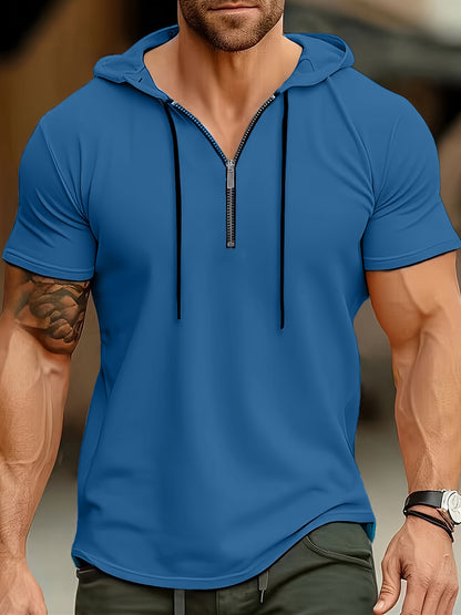 1pc Men's Light Blue Casual Hooded Short Sleeve T-Shirt with 1/4 Zipper, Breathable Stretch Fabric for Gym, Outdoor  Summer Wear, Gym Apparel, Stylish Contrast Detailing, Comfortable Fit