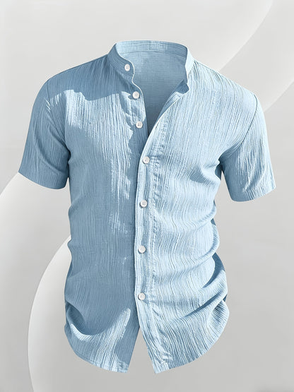Men's Casual Solid Color Short-Sleeve Shirt with Stand Collar