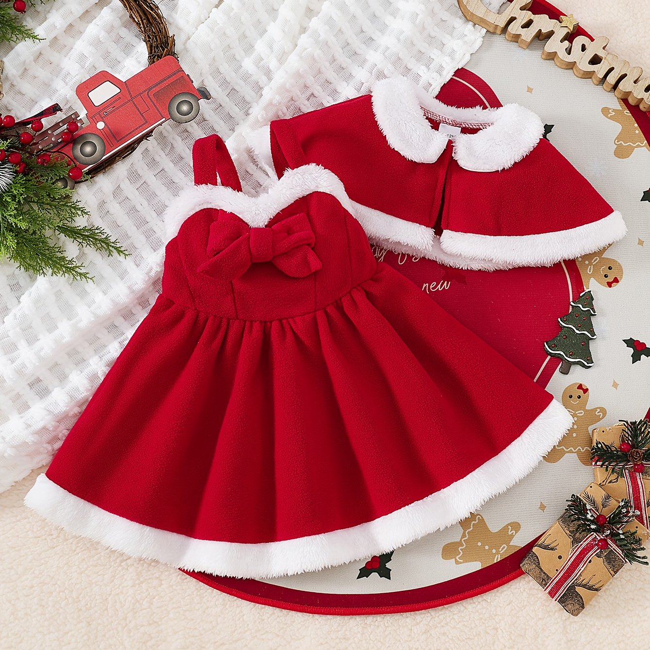 2pcs Girls' Bow Tie Suspender Dress + Shawl Children Christmas Party Gown, Seasonal Clothing, Holiday Dress, Stylish Outfit, Strapless Dress, Durable Dress, Comfortable Material, Shawl Dress, Children's Dress, Fashion