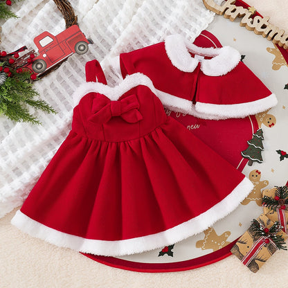 2pcs Girls' Bow Tie Suspender Dress + Shawl Children Christmas Party Gown, Seasonal Clothing, Holiday Dress, Stylish Outfit, Strapless Dress, Durable Dress, Comfortable Material, Shawl Dress, Children's Dress, Fashion