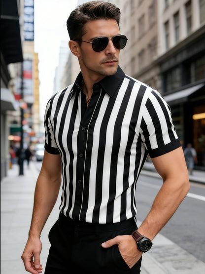 Men's Slim Fit Black & White Striped Short Sleeve Shirt