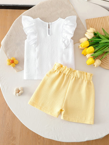Girls' Summer Two-Piece Set with Floral Sleeveless Top & Shorts