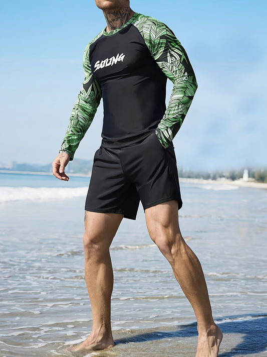Men's Long Sleeve Rash Guard with Geometric Pattern, Athletic Swimwear - ayq