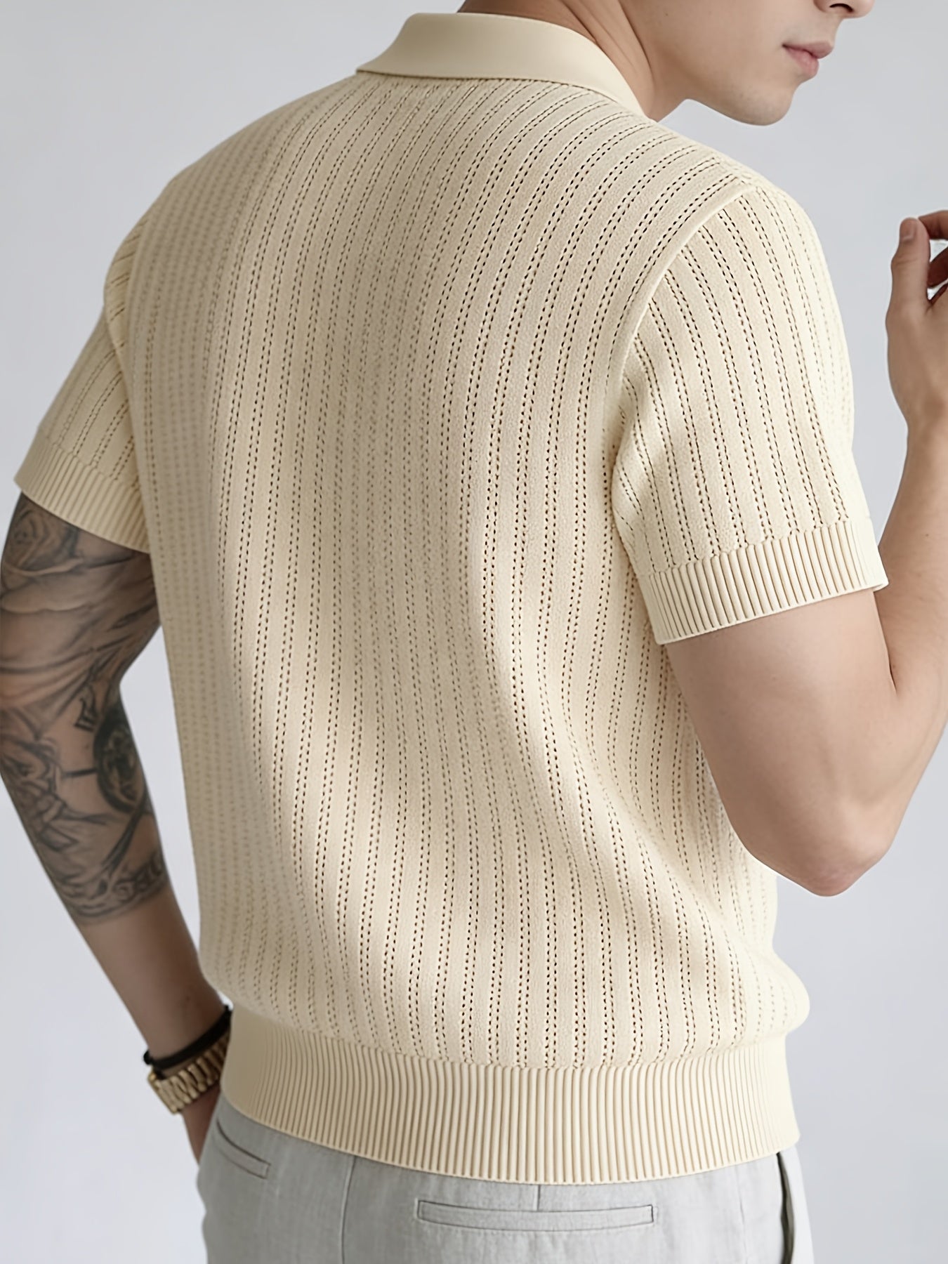 Men'S Summer Knitted Polo Shirt | Breathable Striped Design, Casual Lapel Collar, Short Sleeves, Three-Button Closure, Slim Fit, Ideal For Business Casual And Travel - ayq