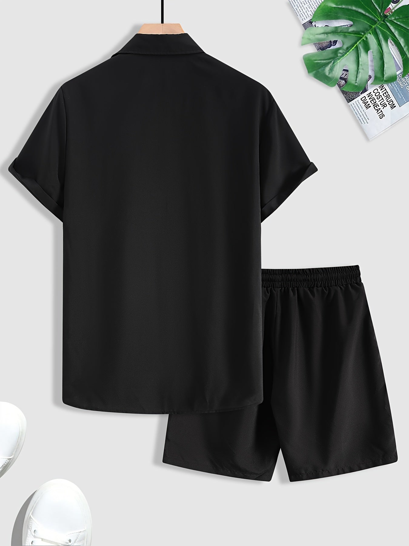 2-piece Men's Stylish Summer Beach Wear Set, Letter Print Men's Short Sleeve Lapel Shirt With Chest Pocket & Drawstring Shorts Co Ord Se