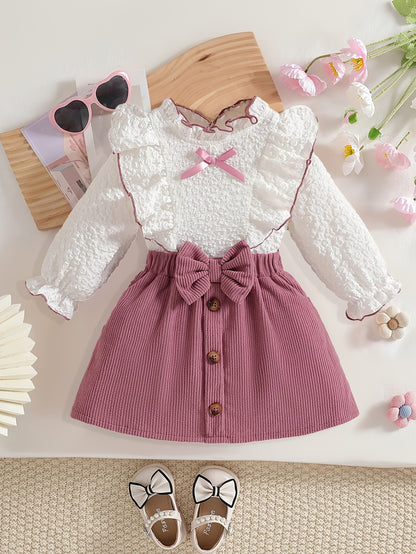 Cute Baby Girls' Two-Piece Bow Tie Long Sleeve Set for Spring/Fall