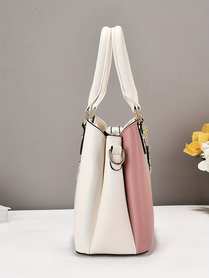 Wo 's Casual Geometric Two-Tone Large Capacity   Handbag with Adjustable   Strap, Detachable Wristlet & Zipper Closure - in Khaki/White/Pink/Red/Green/Black, Travel Accessory, Stylish Accessory, Durable Construction, Spacious