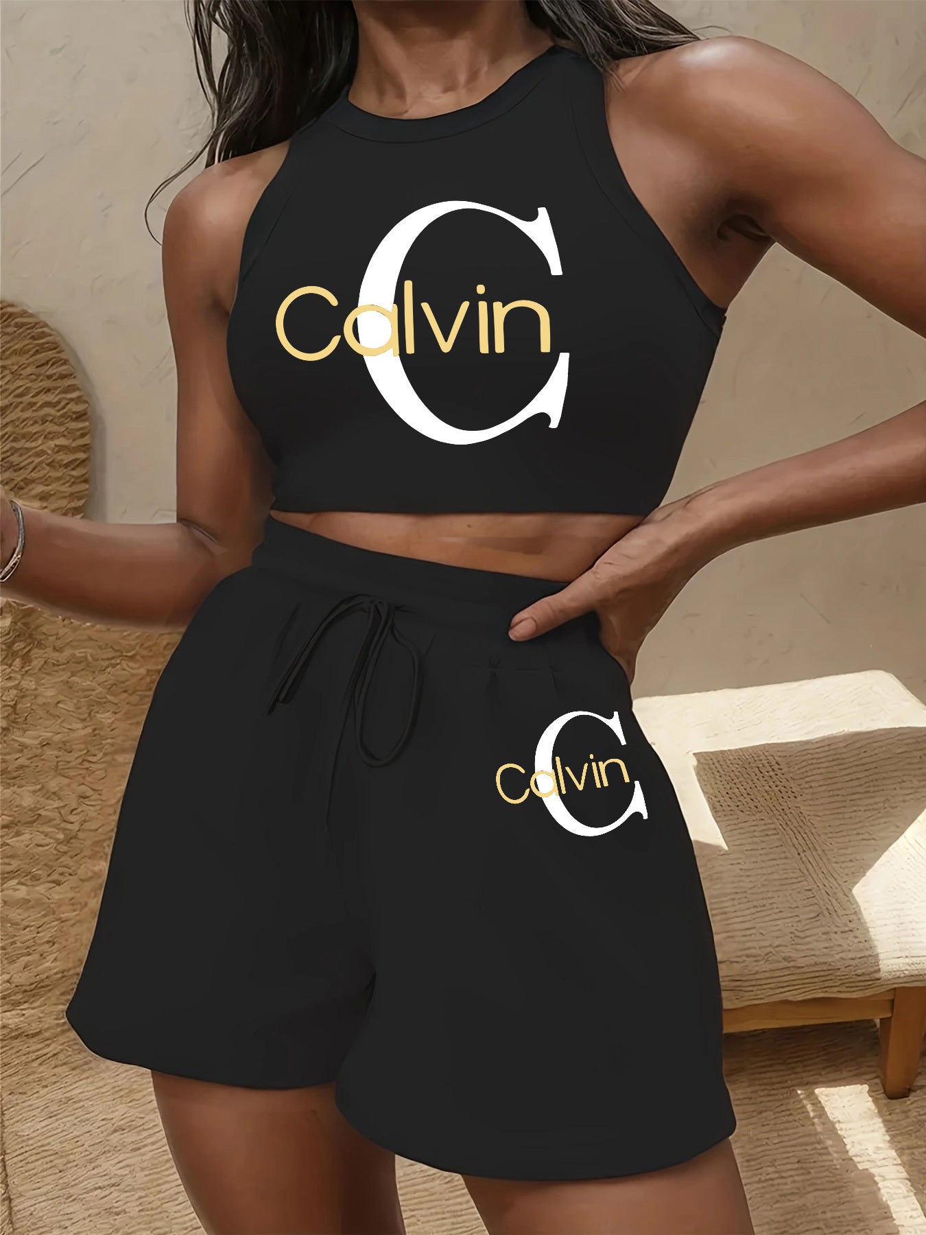 Women's Casual Two-Piece Set with Graphic Print Vest & Shorts
