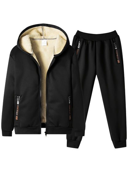 2pcs Boys' Fashion Fleece-Lined Thickened Jacket + Pants Set, Stylish Zip-Up Hoodie and Casual Sportswear Outfit for Autumn/Winter, Perfect Gift, Perfect for Outdoor, Autumn/winter Coat For Boy, Sportswear Suit For Boy, Boy C