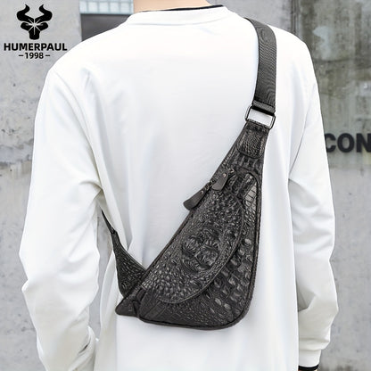 HUMERPAUL Men'S Casual Brown Leather Crossbody Bag with Alligator Print - Adjustable Strap, Multi-Compartment, Everyday Commute Shoulder Bag, Everyday Bag   Casual Style Bag   Adjustable Strap Bag
