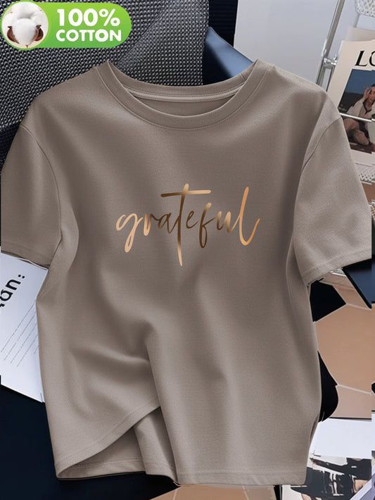 Women's 100% Cotton Casual T-Shirt with 'Grateful' Print - ayq
