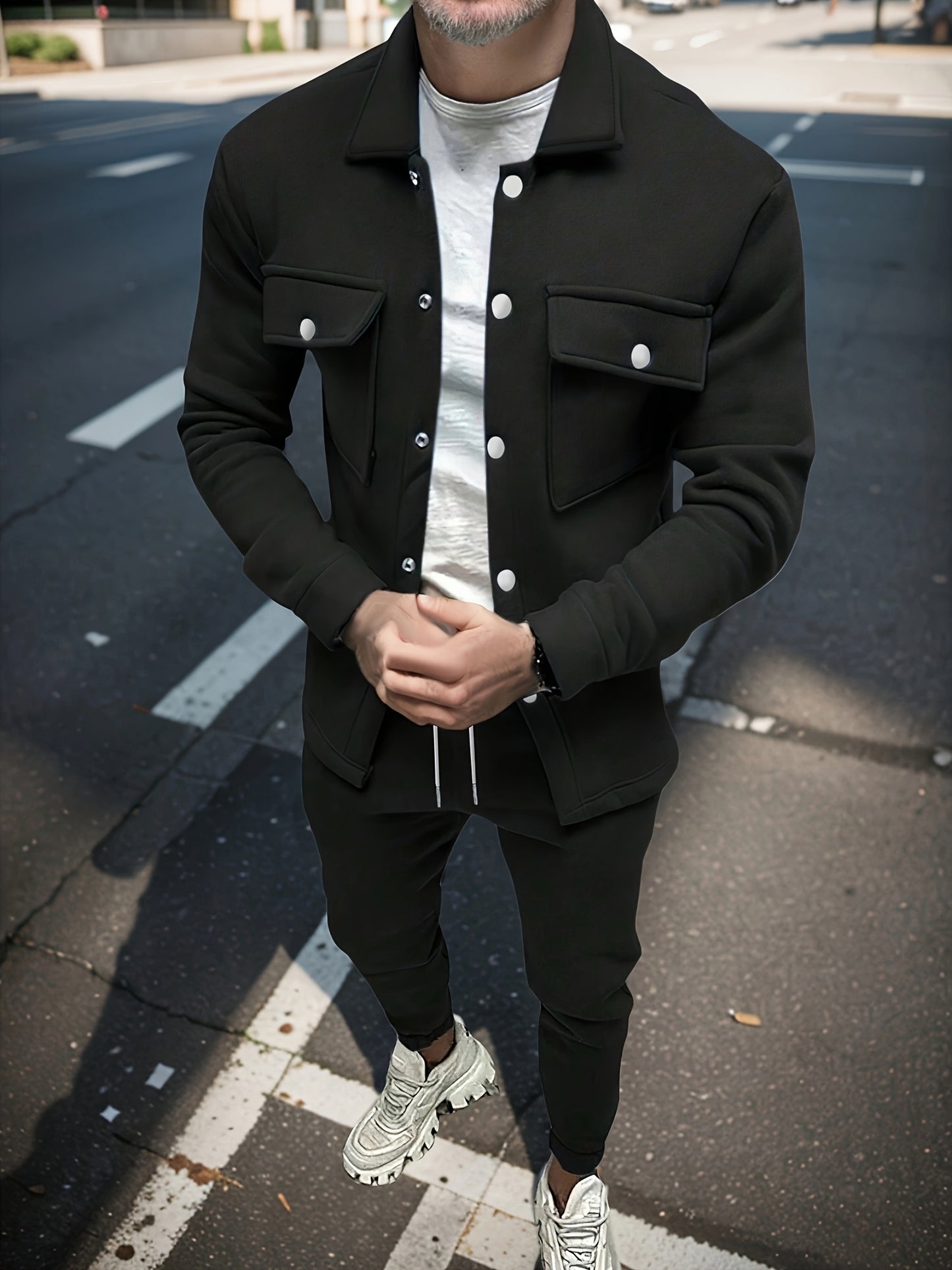 1set Men'S Casual Solid Color Polyester Outfit - Long Sleeve Button-Down Lapel Collar Jacket with Pockets and Drawstring Long Pants Set for Fall/Winter
