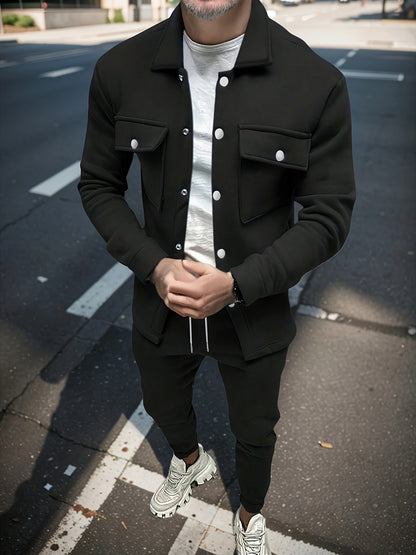 1set Men'S Casual Solid Color Polyester Outfit - Long Sleeve Button-Down Lapel Collar Jacket with Pockets and Drawstring Long Pants Set for Fall/Winter